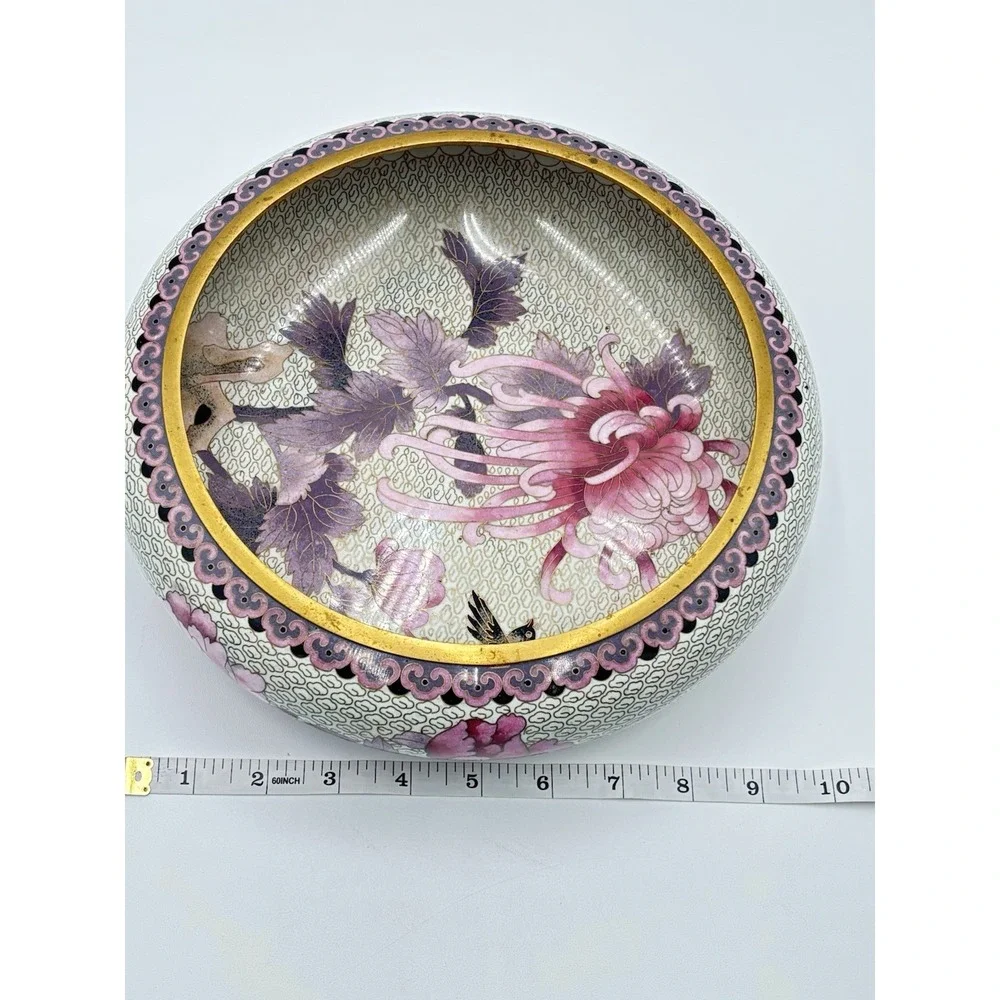 Vintage Jingfa Chinese Porcelain Bowl Brass Rim Hand Painted Floral Bird 10